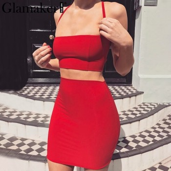 Lace up spaghetti strap bodycon dress women Elegant elastic crop top Backless two piece Black White Red